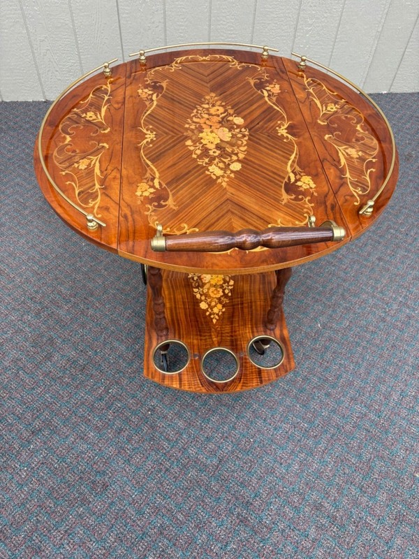 67588 Italian Inlaid Wood Tea Cart with Floral Marquetry and Brass Accents gallery