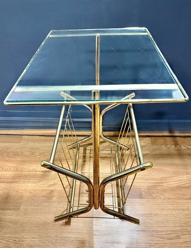Vintage Brass & Glass Magazine Rack Side End Table Mid Century Modern 22” x 24” gallery