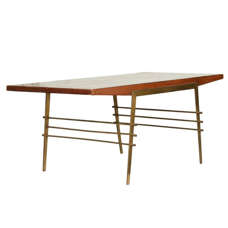 Mid Century Modernist Oak Coffee/Cocktail Table with Brass Architectural Base gallery
