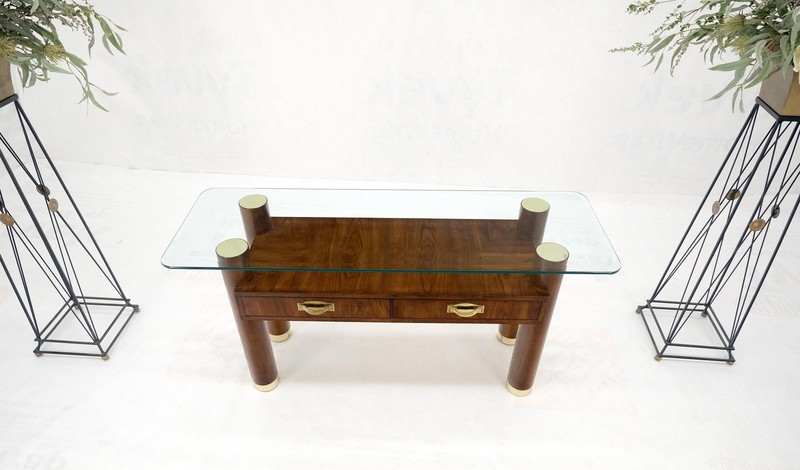 Heavy Solid Oak Cylinder Legs Brass Tips Hardware Two Drawers Console Table MINT gallery