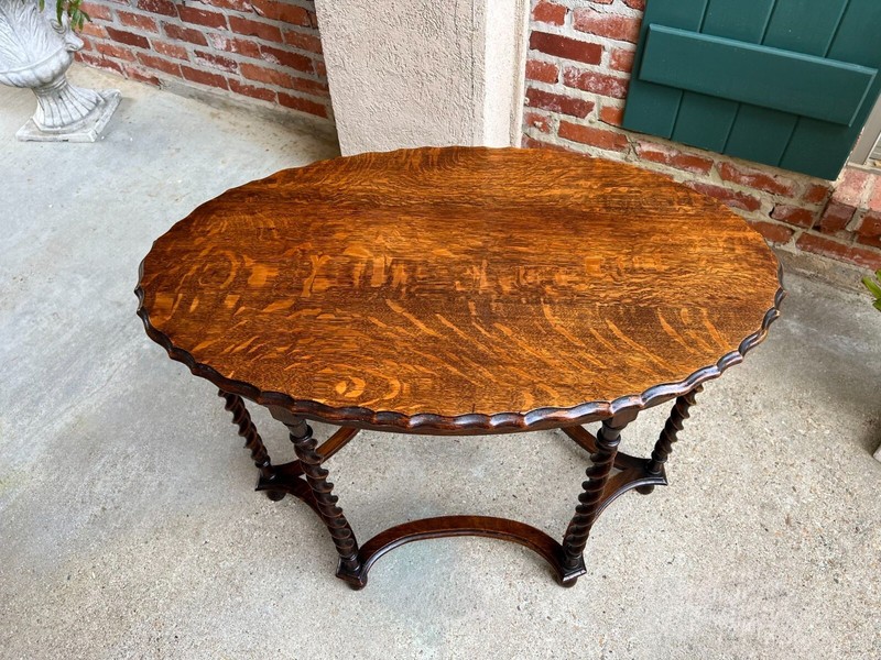 Antique English OVAL Side Center Table BARLEY TWIST Tiger Oak Jacobean c1920 gallery