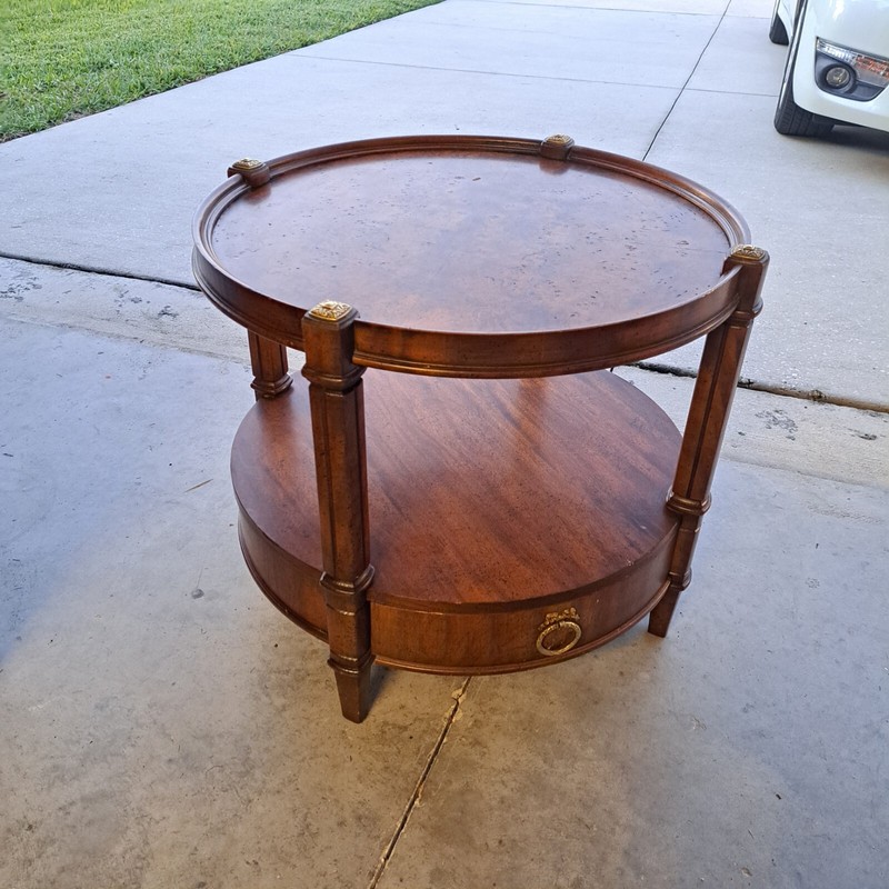 Weiman Vintage Round Two-Tier Wooden Accent Table with Drawer & Brass Ring Pull gallery