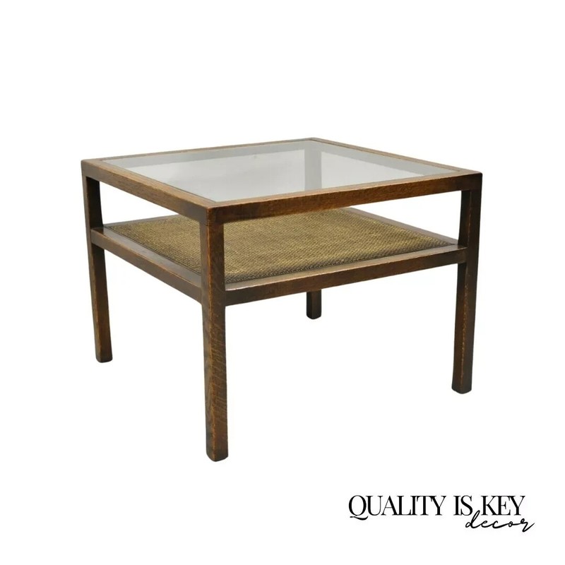 Mid Century Modern Dunbar Style Oak & Cane 2 Tier Glass Top Square Side Table