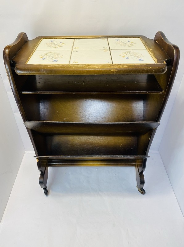 VINTAGE ELEGANT WOODEN SIDE TABLE WITH TILED TOP GERMANY 1960S RARE VERY NICE gallery