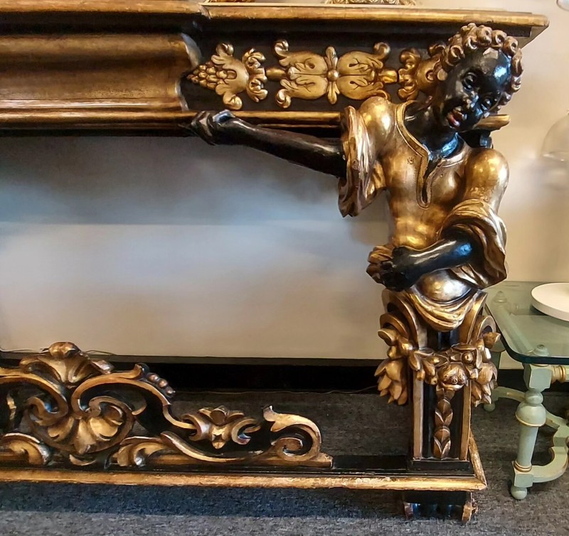 Antique Italian Hand Carved Blackamoor Gold Gilt Marble Top Console Table gallery