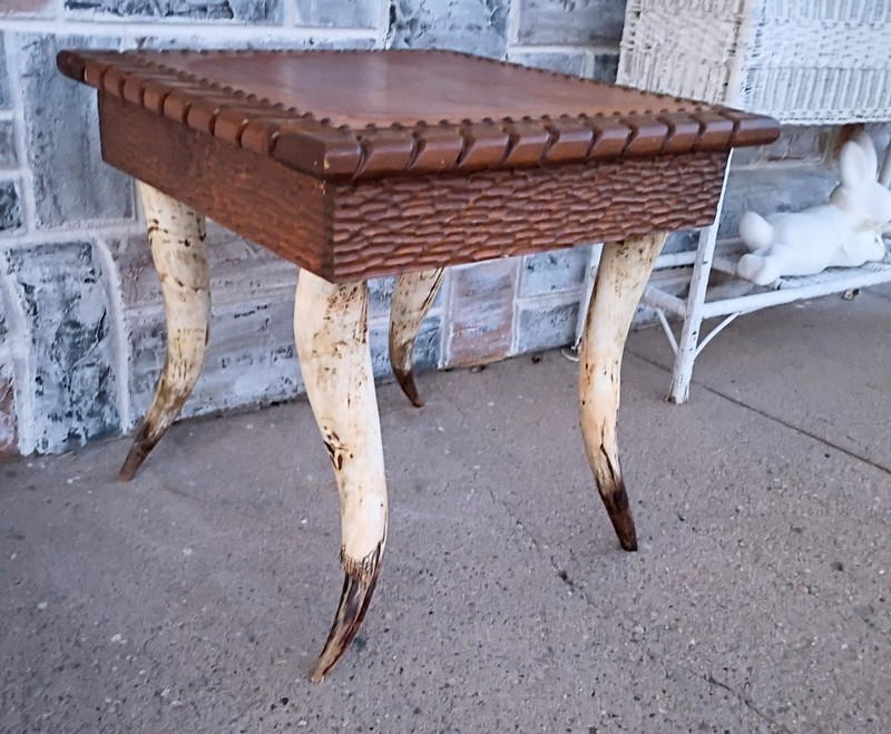 Vintage Mid Century Square Leather Top Bull Cow Horn Leg End Side Table gallery