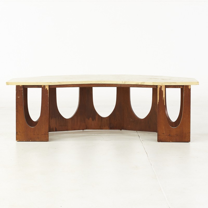 Harvey Probber Mid Century Walnut and Travertine Half Crescent Moon Coffee Table gallery