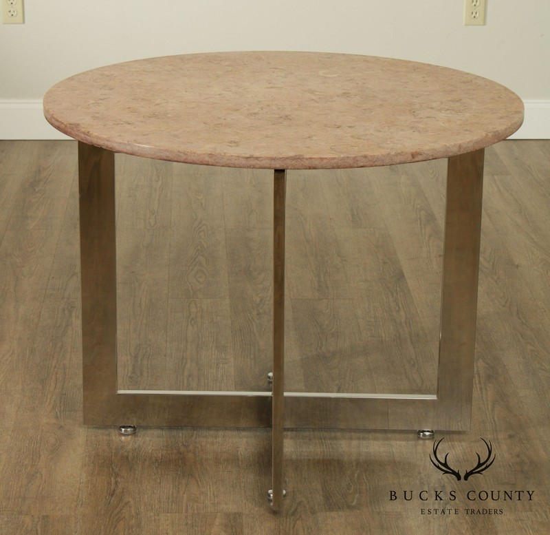 Mid Century Modern Chrome Base 36" Round Marble Top Side Table gallery