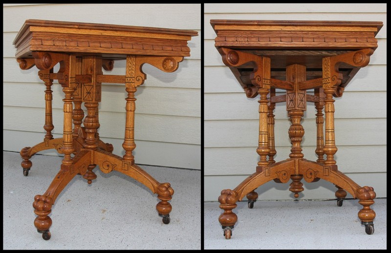 Antique Ornate Solid Quartersawn Oak Heavily Carved 4 Clawfoot Lamp Accent Table gallery