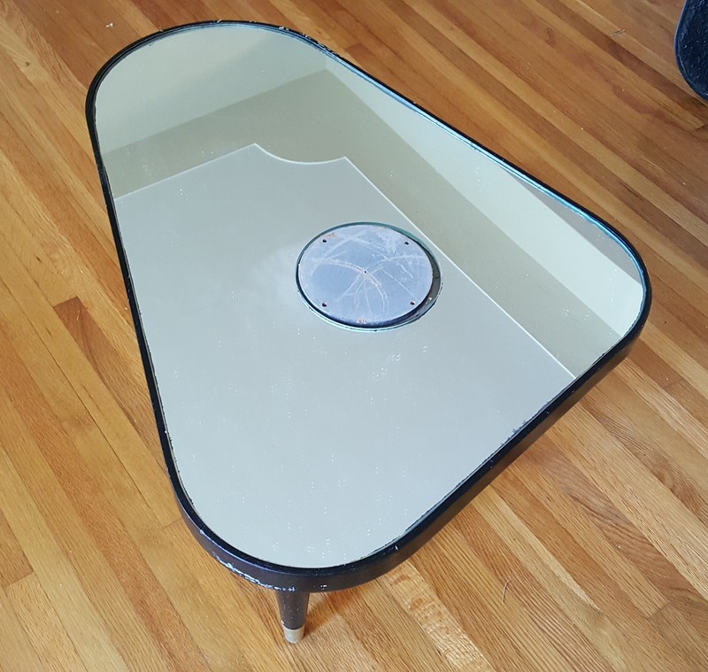VINTAGE ANTARES TRIANGULAR EBONIZED LACQUERED MIRROR TOP SWIVEL SIDE TABLE gallery