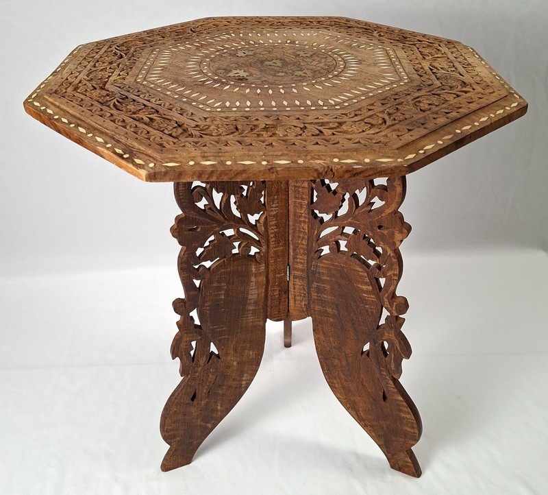 Authentic Vintage Carved Anglo Indian Octagonal Folding Table Mango Wood 21h/18w