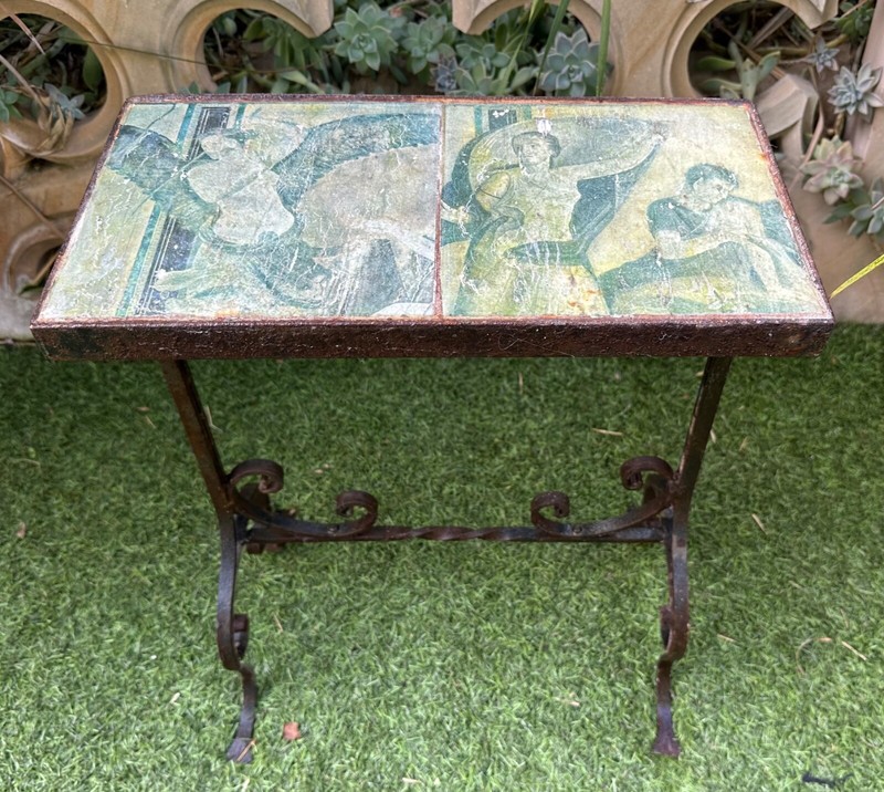 Late 19th century Wrought Iron Roman Fresco Tile Table