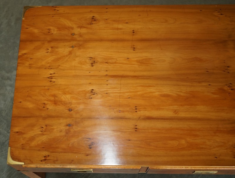 LIGHTLY RESTORED BURR WALNUT & BRASS MILITARY CAMPAIGN THREE DRAWER COFFEE TABLE gallery