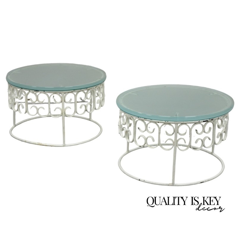 Arthur Umanoff Wrought Iron Scroll Low Round Glass Top Side Tables – a Pair