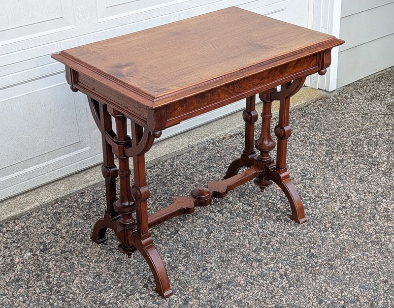 Antique Victorian Hallway Side or Parlor Table with Drawer, Walnut & Burl Trim gallery