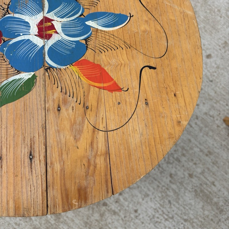 VTG Hand Painted Folding Wood Decorative Round 18" D Side Table Floral Folk Art gallery