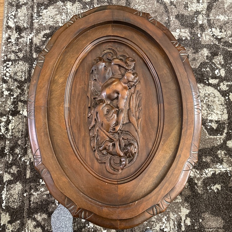 Antique Coffee Table CARVED Cherubs with Removable Glass Tray. Walnut. #722 gallery