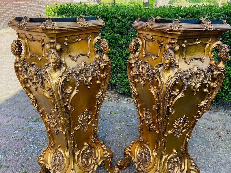 Pedestals Pair Italian Baroque Gold Finish Ornate Display Columns Vintage Decor gallery