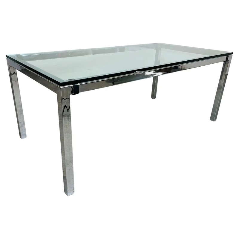 Mid-Century Milo Baughman Style Chrome And Glass Top Dining Table By Tri-Mark
