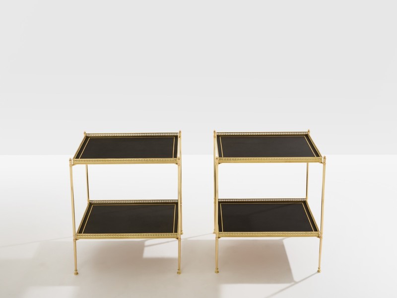 Maison Jansen pair of two-tier side tables brass black leather 1960s gallery