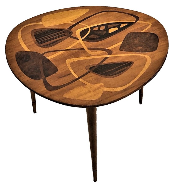 Swedish Mid-Century Modern Abstract Marquetry 3-Legged Coffee Table, ca. 1950s