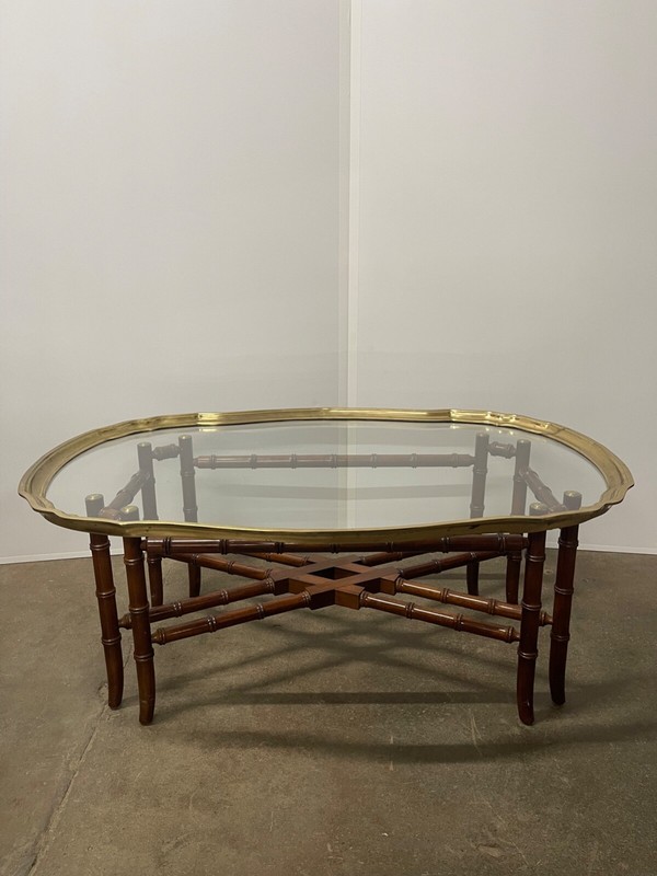 Late 20th Century Hollywood Regency Style Faux-Bamboo Brass and Glass Tray-Top C