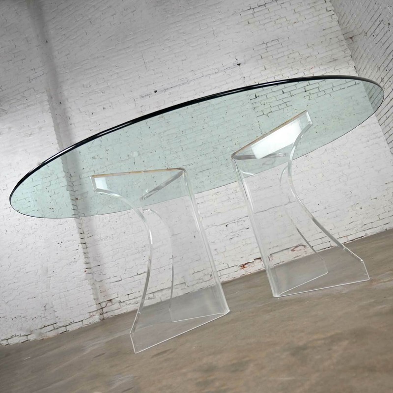 Modern Hollywood Regency Art Deco Lucite Sculptural Dining Table Oval Glass Top gallery