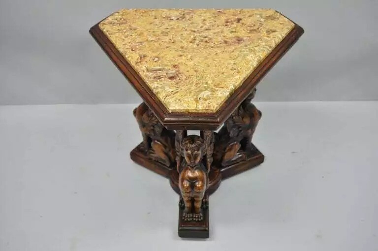 Antique French Renaissance Figural Walnut Winged Sphinx Resin Top Side Table gallery