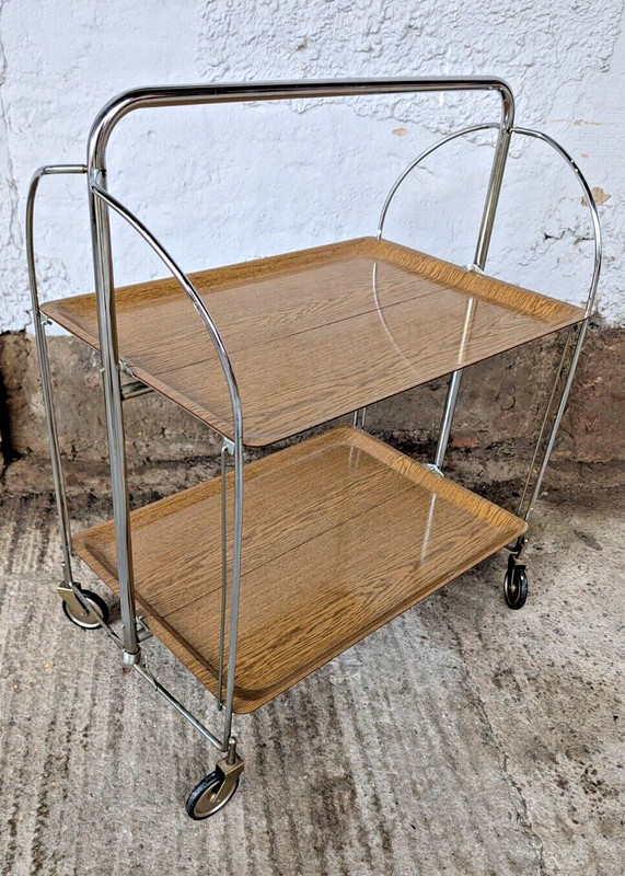 Dinette Serving Cart Tea Cart Table Side Table Oak Bar Chrome 70s WOW gallery