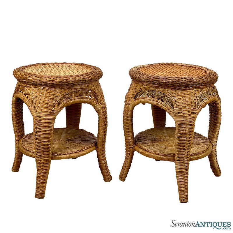 Vintage Coastal Boho Natural Wicker Round Plant Stand End Tables – A Pair