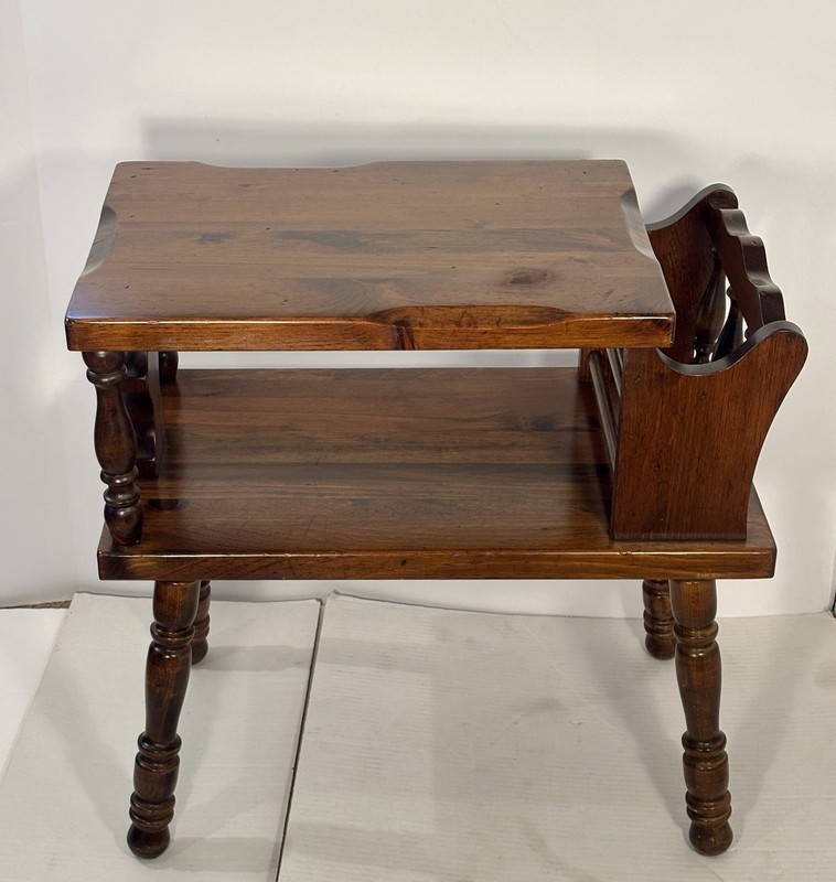 Two Vintage 2 Tier Colonial Solid Pine Side Tables/Nightstands w Magazine Rack