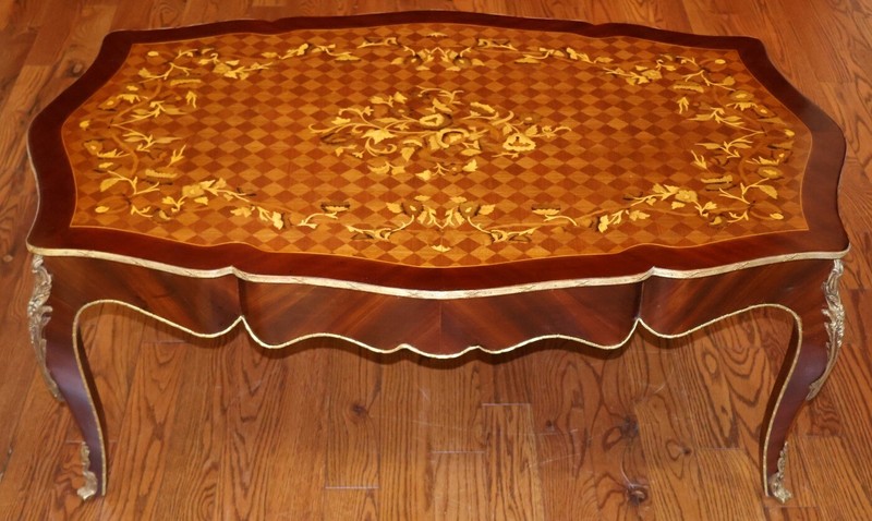 Gorgeous Louis XV Style Inlaid Wood Ormolu Mounted Cocktail Coffee Table