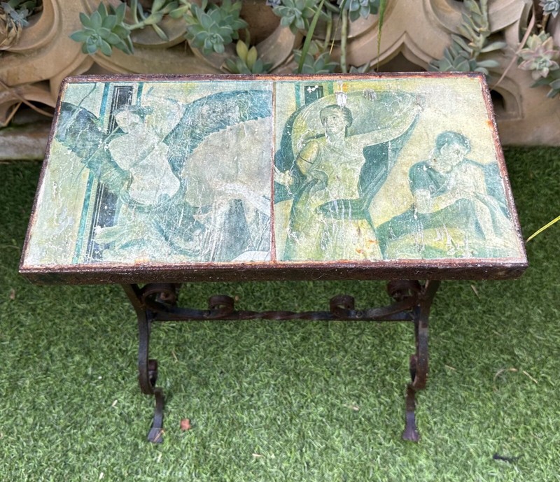 Late 19th century Wrought Iron Roman Fresco Tile Table gallery