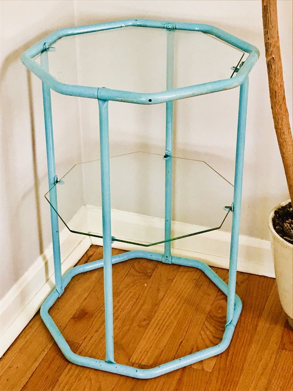 Vintage 1950s Side Table Blue Metal Glass 2 Tier Octagon