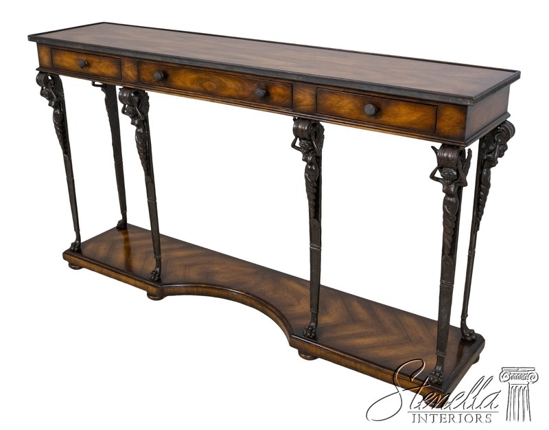L69993: THEODORE ALEXANDER Mahogany & Figural Bronze 3 Drawer Console Table