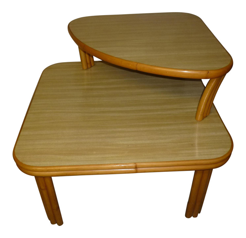 1950s TIERED THICK BAMBOO CORNER TABLE WITH LAMINATE TOP