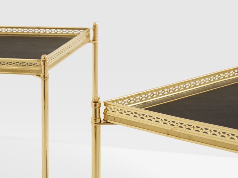 Maison Jansen pair of two-tier side tables brass black leather 1960s gallery