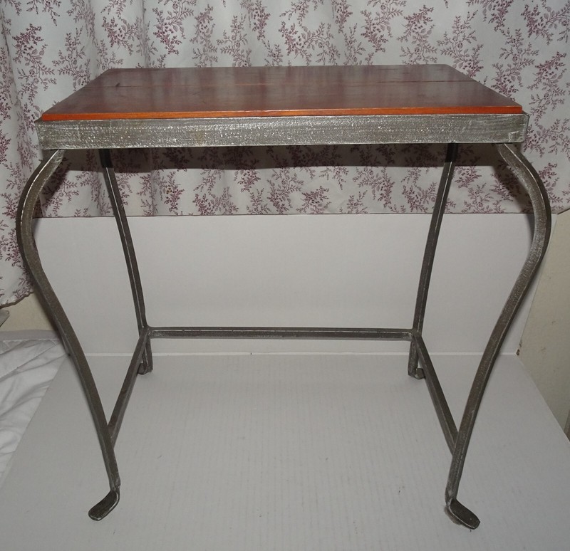 Vintage small side table with a Mahogany top and wrought iron Frame and legs gallery