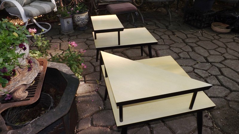 Very 1950s Mid Century Modern Pair 2 Tier Tri-Angle & Square Step End Tables gallery