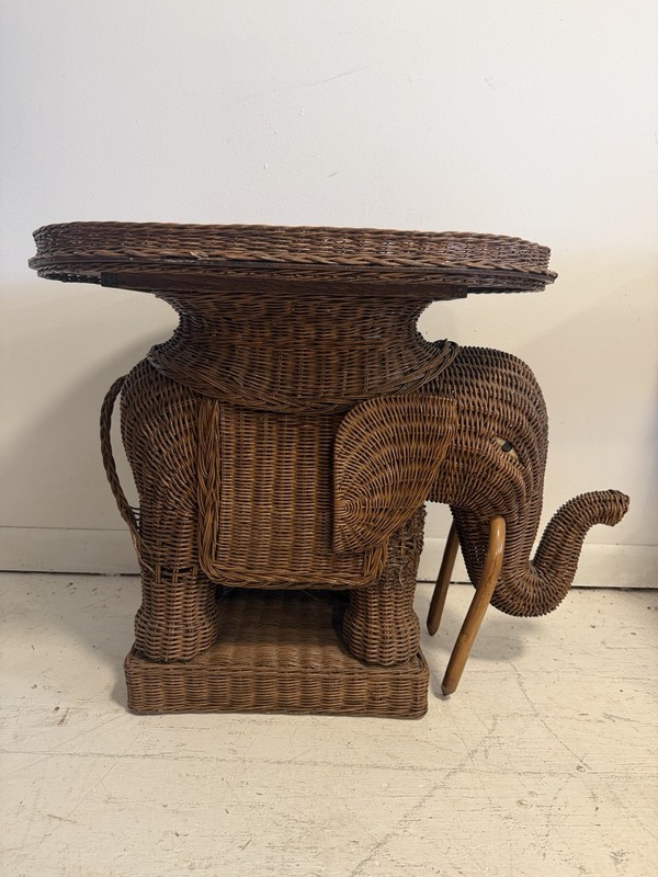 Vintage Elephant Tray Table Natural Wicker Boho 1960s