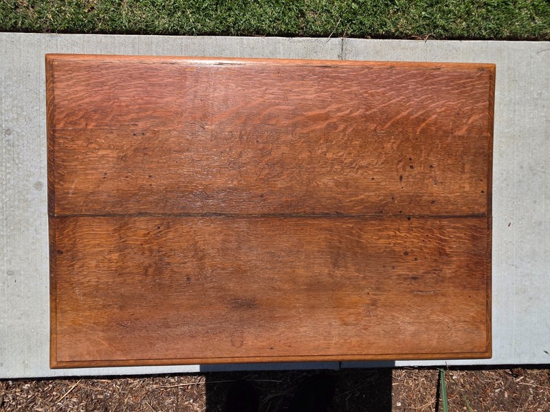 Antique Refectory Trestle Table Tiger Oak 1920s Jacobean Carved Small Desk 24"H gallery