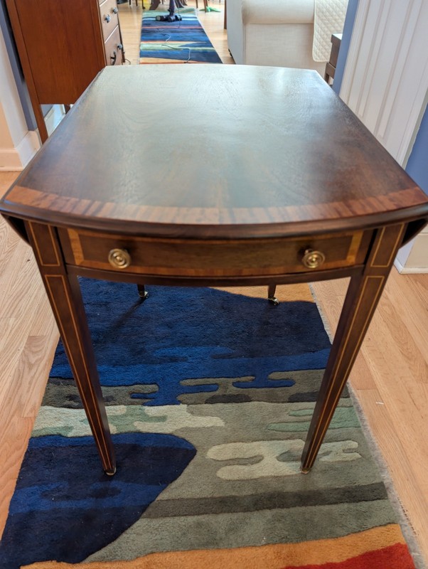 Hepplewhite Pembroke Mahogany Side Table with Satinwood Inlay & Brass Casters gallery