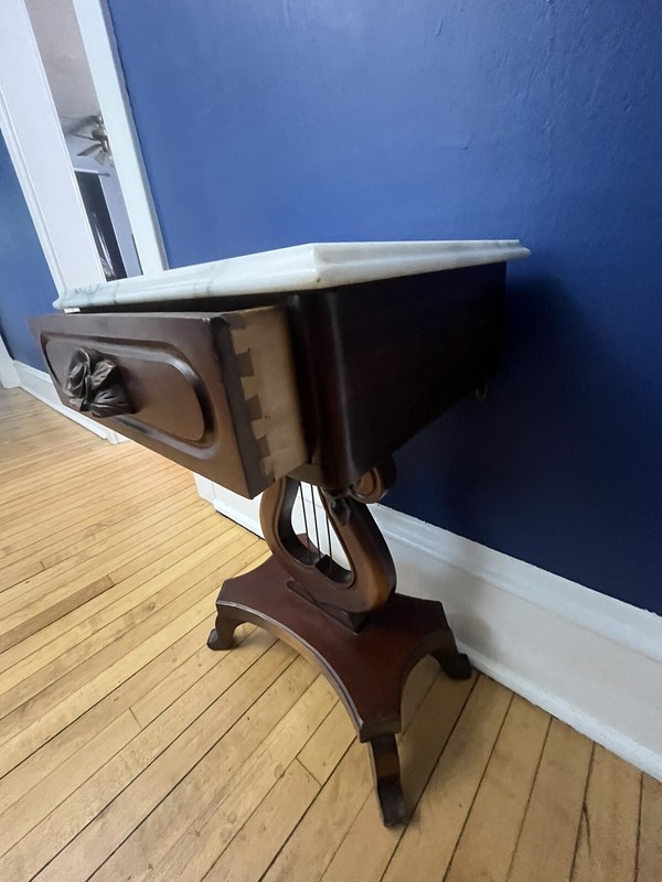 Hand Carved Mahogany Table, Italian Marble Top Circa 1940-1950