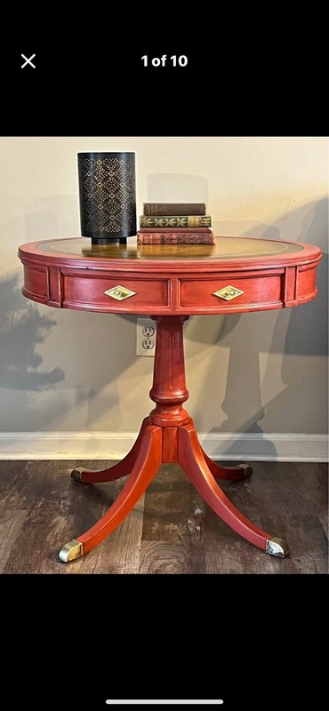 Vintage Distressed Drum Table with Leather Top Weathered Shabby Hall Side Table