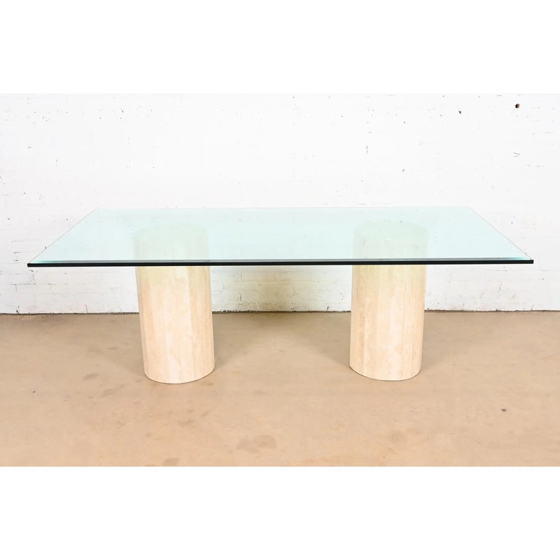 Matteo Grassi Modern Italian Travertine Double Pedestal Glass Top Dining Table gallery