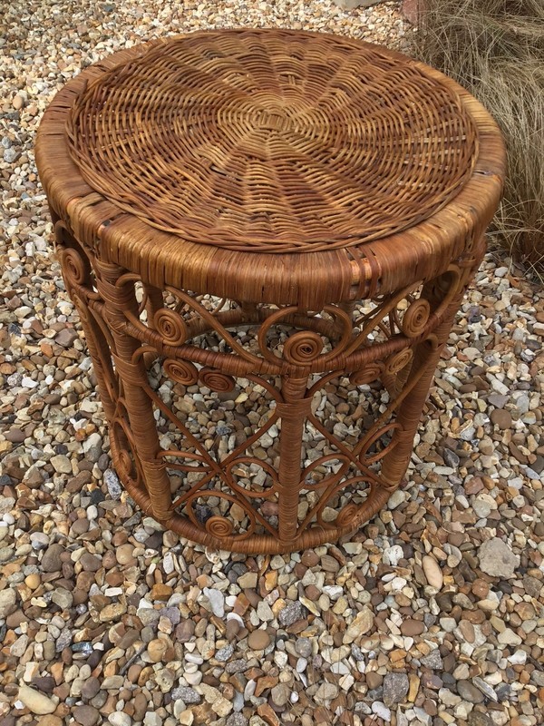 Vtg Rattan Round Stool or End Table or Plant Stand Boho, Scroll Filigree Details gallery