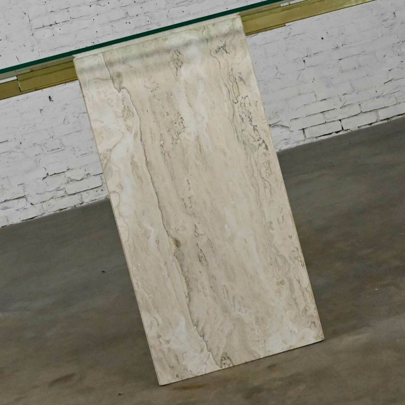 Modern Console Sofa Table Travertine & Brass Plate with Glass Top Style Artedi gallery