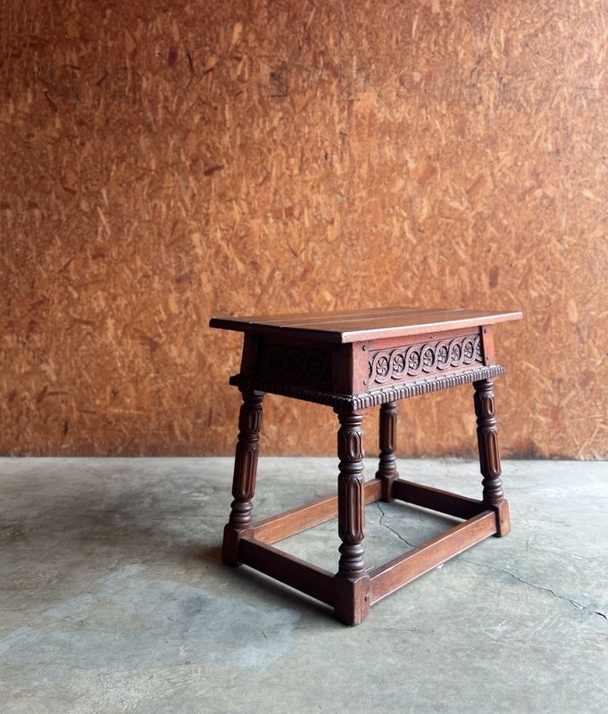 Antique 19th c. Carved Oak Stool / Side Table, Jacobean Revival
