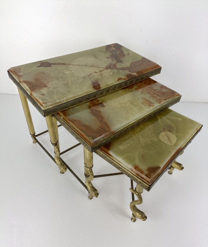set of 3 nesting stacking tables Hollywood regency Ornate brass Fish Marble tops gallery