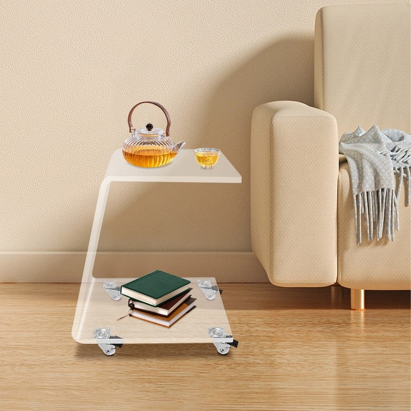 Clear C-Shape Side Table Acrylic Mobile with Brakes 44.09lbs Load Home Office